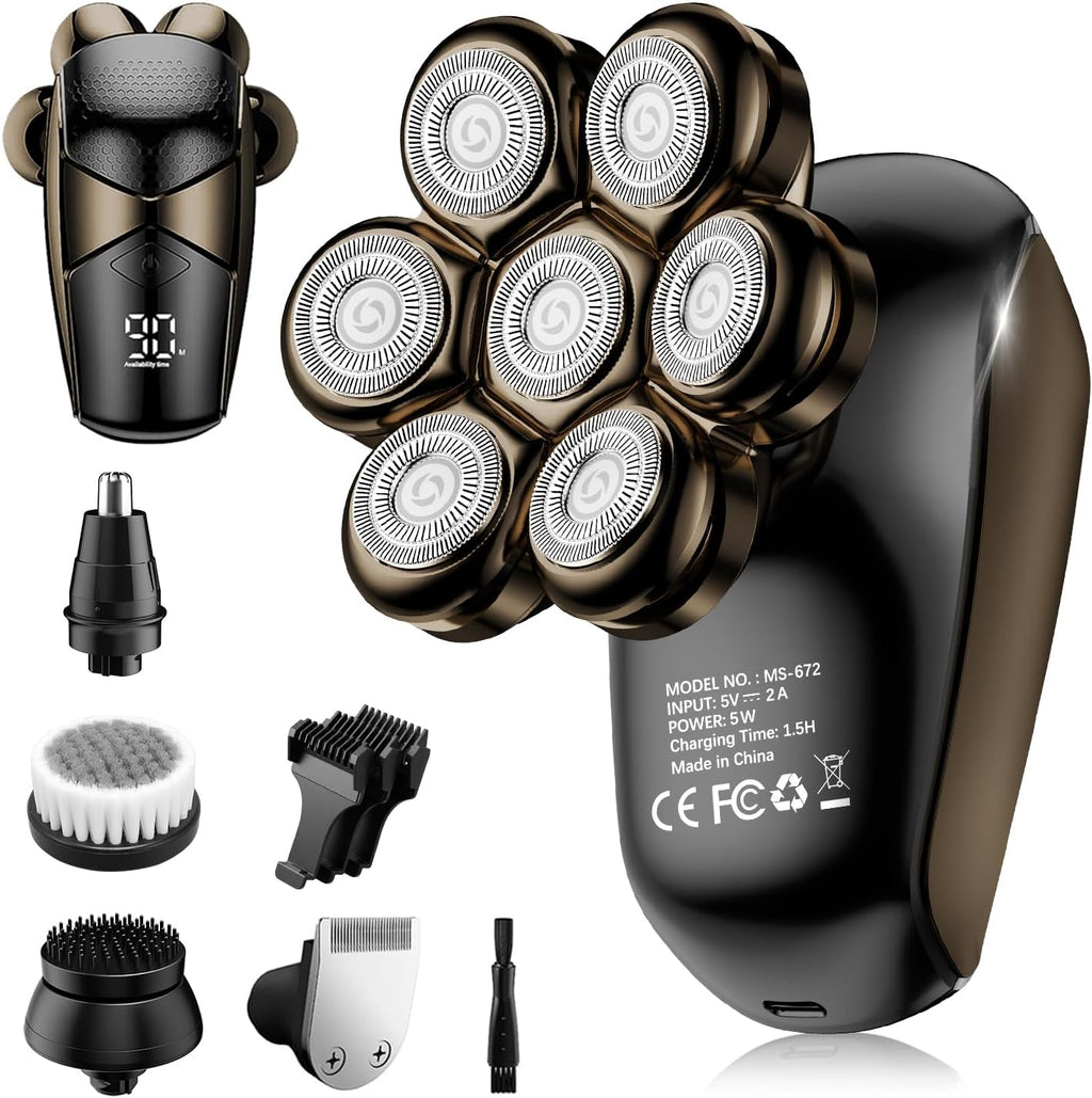 SHPAVVER Head Shavers for Bald Men: 5-in-1 IPX7 Waterproof Grooming Kit - 7D Floating Electric Razor With Magnetic Remov