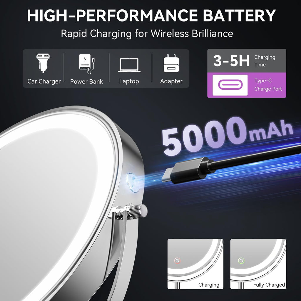 Auxmir 9" 5000mAh Magnifying Mirror, 1X/30X Lighted Makeup Mirror, Chrome