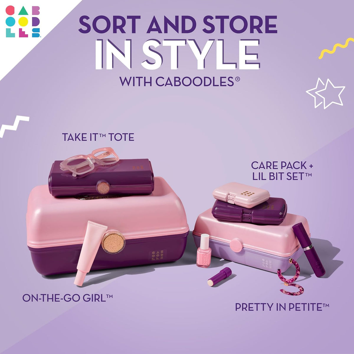 Caboodles On-The-Go Girl Makeup Box, Seafoam on Lavender, Hard Plastic Makeup Organizer Box, Built-In Mirror, Secure Lat
