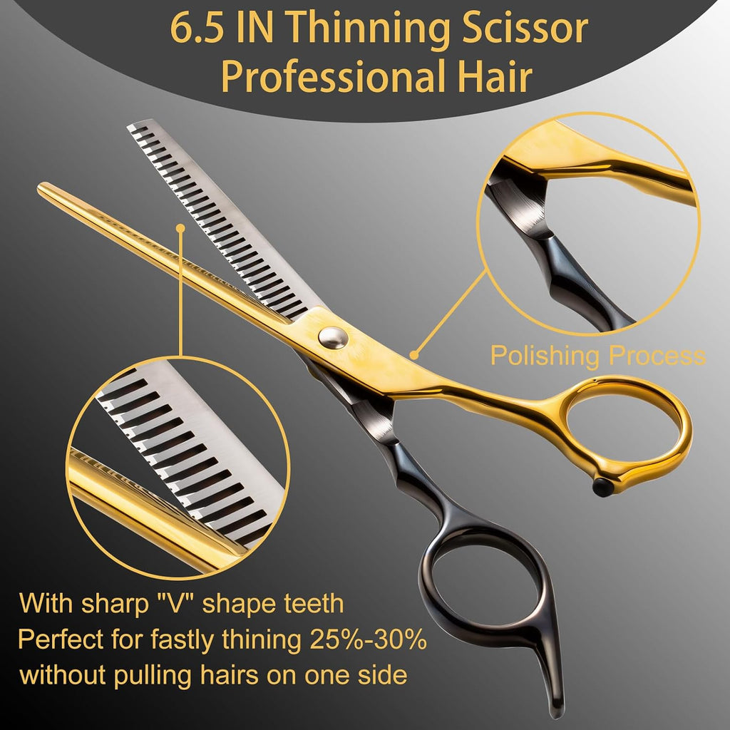 15 pcs Hair Cutting Scissors Professional, Thinning Shears for Hair Cutting, Black Gold Stainless Steel Barber Scissors,