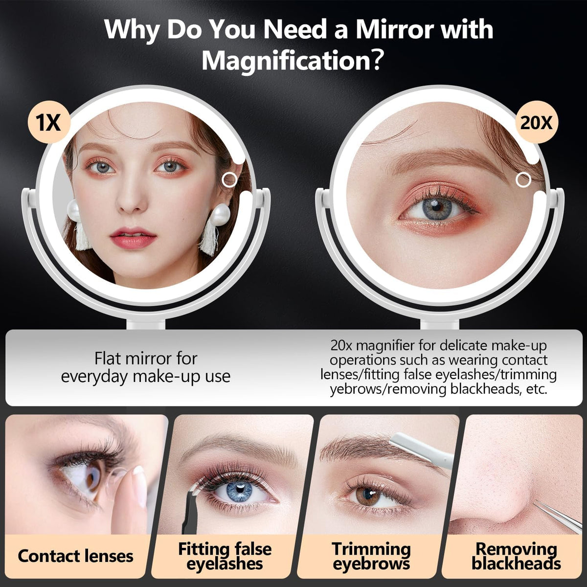 MIYADIVA Makeup Mirror with Lights,20X Magnifying Mirror with Light and Touch Switch,Vanity Mirror with 3 Color Light an