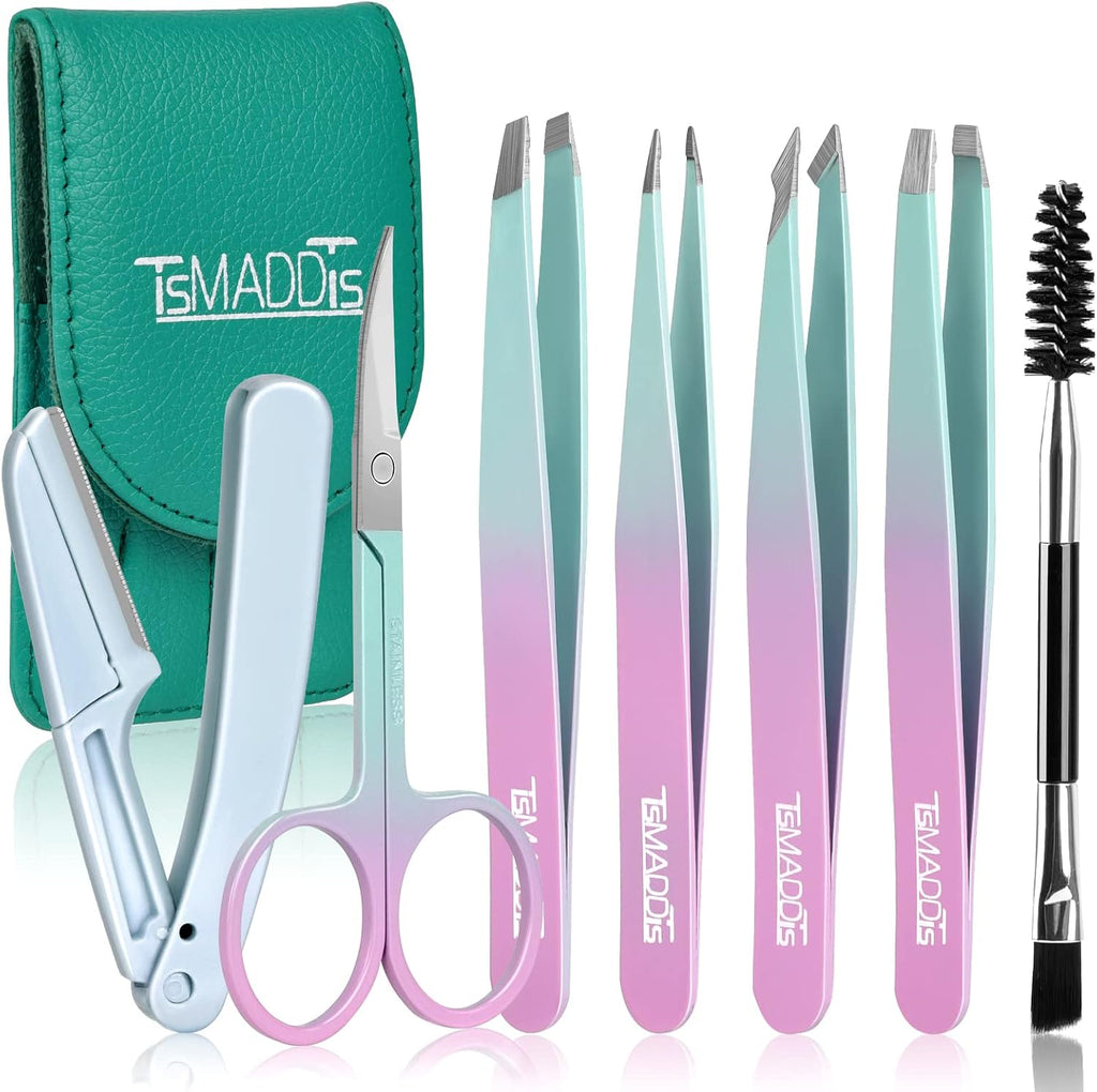 7 pcs Tweezers for Women Facial Hair, Precision Tweezer Set for Eyebrows with Curved Scissor and Eyebrow Razor for Ingro