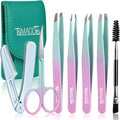 7 pcs Tweezers for Women Facial Hair, Precision Tweezer Set for Eyebrows with Curved Scissor and Eyebrow Razor for Ingro