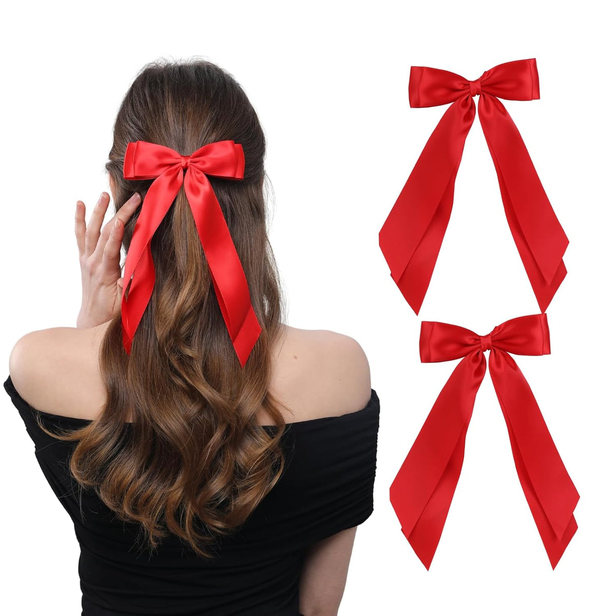 2 PCS Double Layer Hair Bows Red Hair Ribbon Clips Ponytail Holder Accessories for Women Girls Toddlers Teens Kids