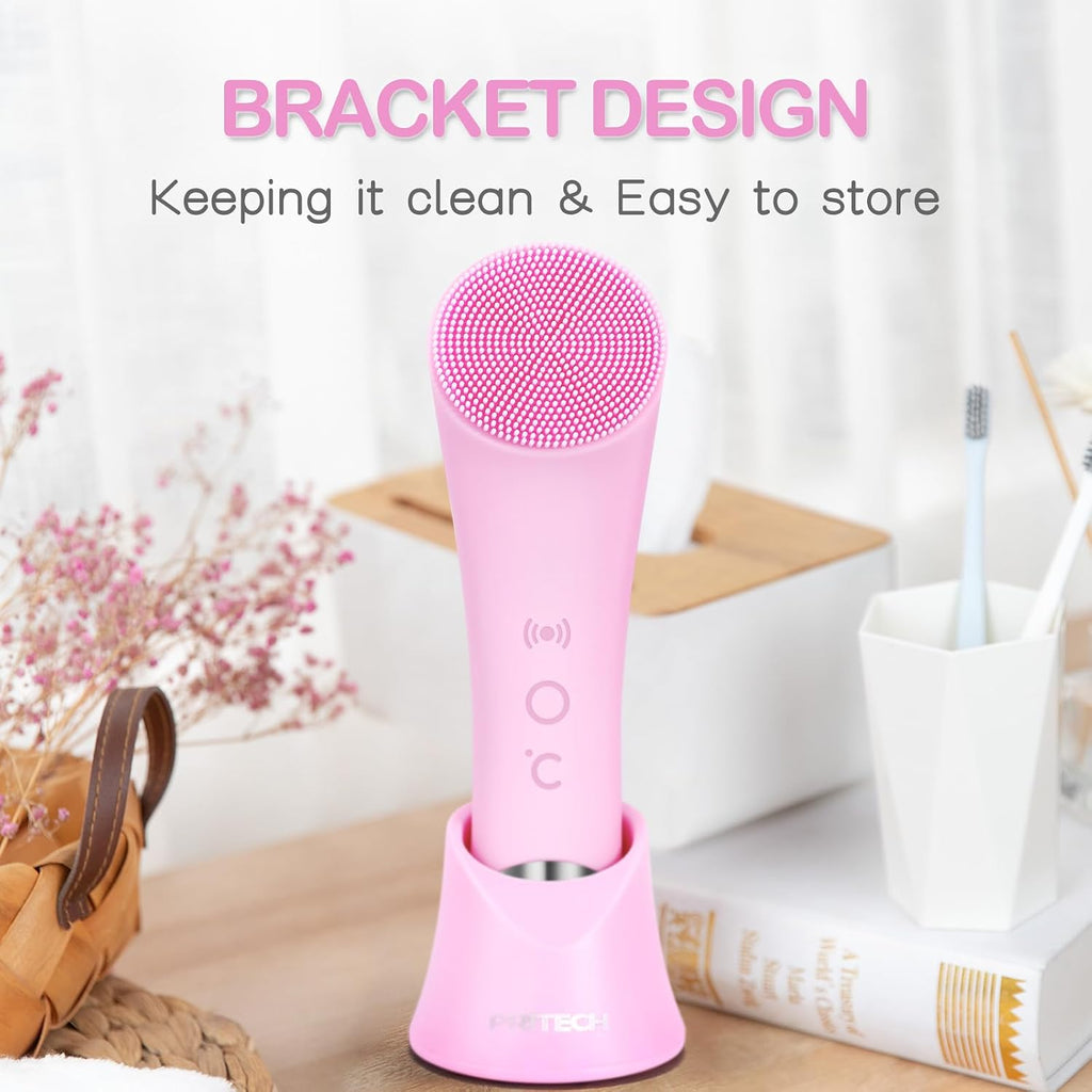 PRITECH Facial Cleansing Brush, Rechargeable Silicone Face Scrubber with Heat Massage End, Vibrating Exfoliator Scrubber