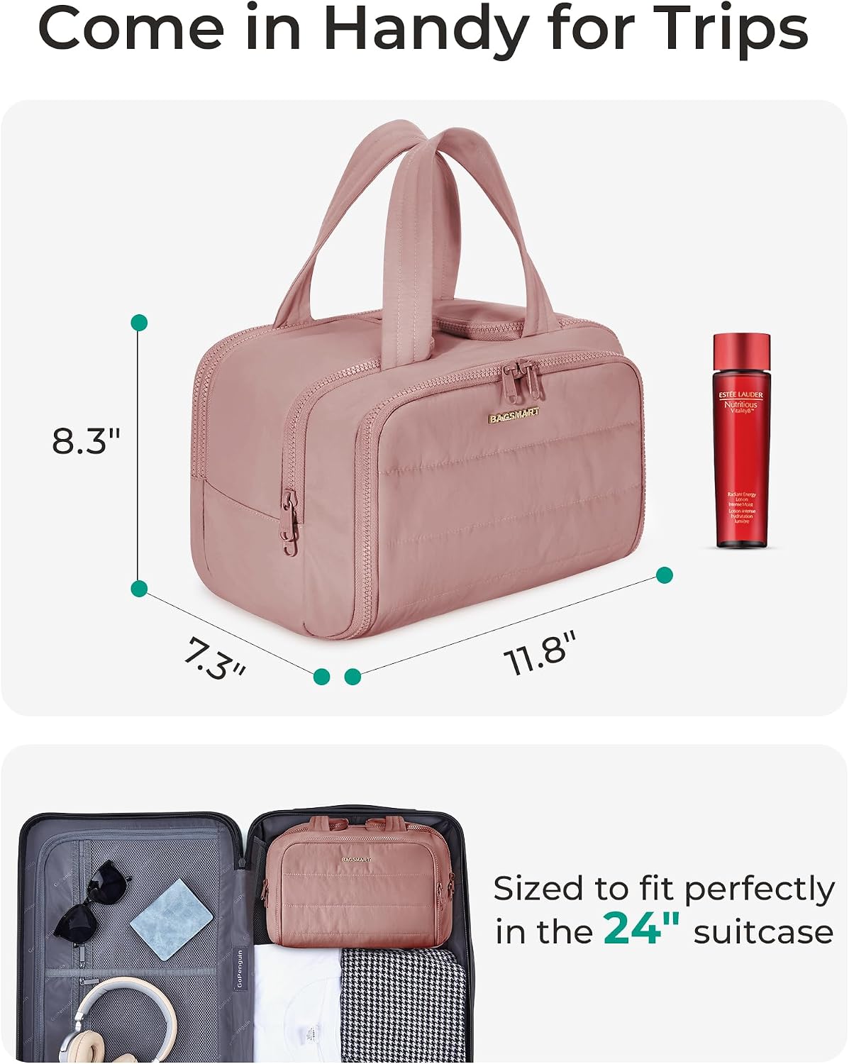 BAGSMART Travel Toiletry Bag, Lightweight Large Wide-open Travel Bag for Women, Puffy Cosmetic Makeup Bag Organizer with