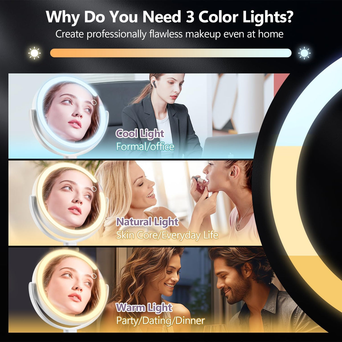 MIYADIVA Makeup Mirror with Lights,20X Magnifying Mirror with Light and Touch Switch,Vanity Mirror with 3 Color Light an