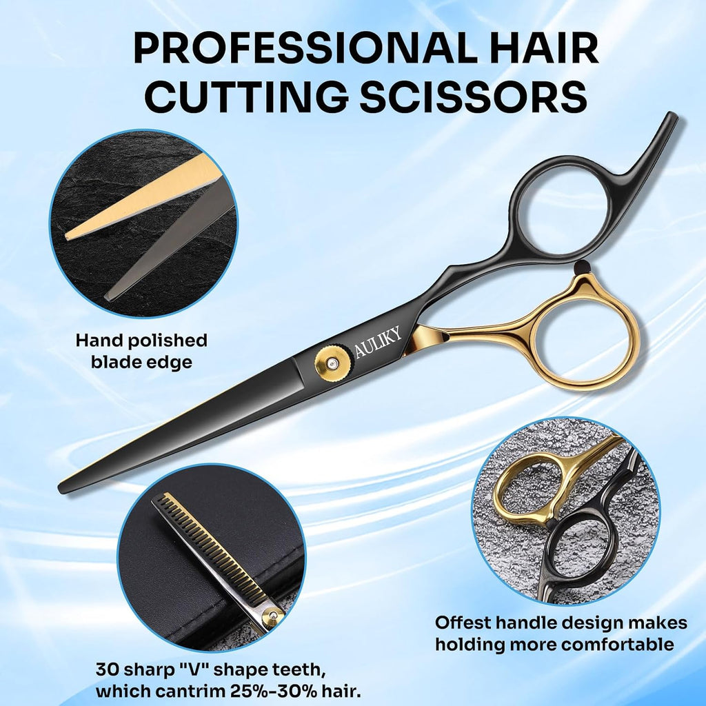 AULikY Hair Cutting Scissors Shears Kits, 15 Pcs Professional Stainless Steel Hairdressing Shears Set Thinning Scissors 