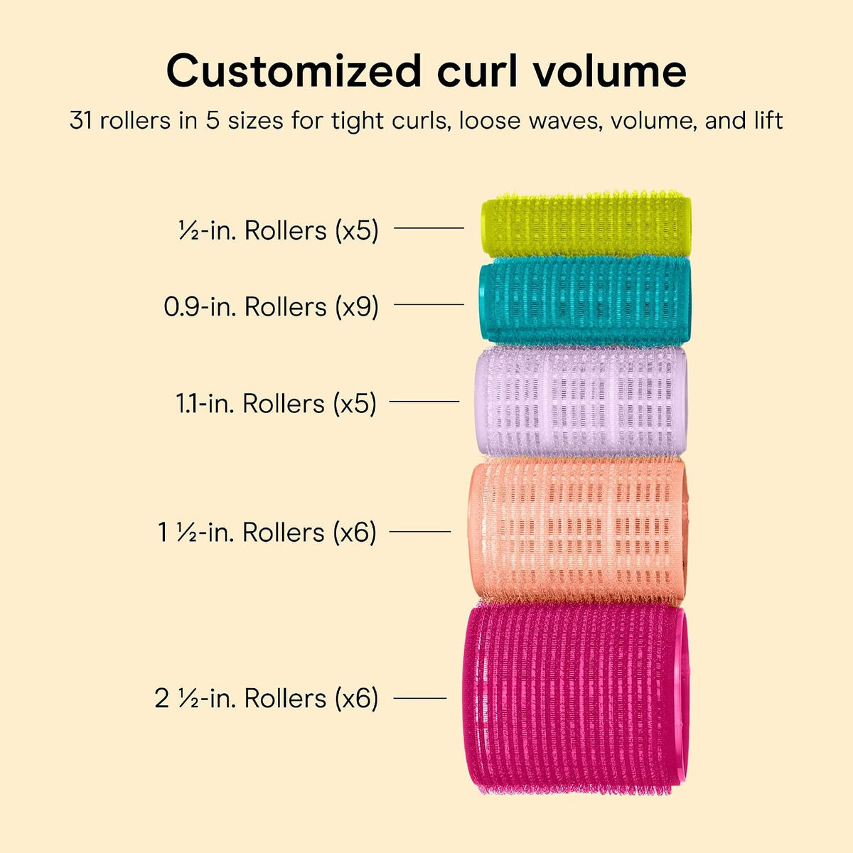 Conair Self-Grip Hair Rollers, Velcro, 5 Sizes, 31 Count, Multicolor