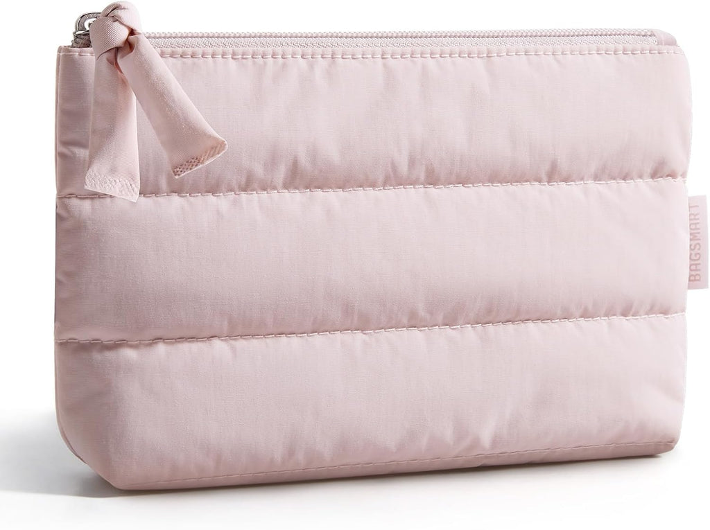 BAGSMART Small Makeup Bag, Machine Washable Puffy Cosmetic Pouch, Pink