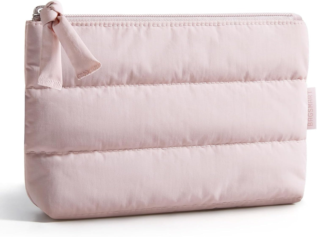 BAGSMART Small Makeup Bag, Machine Washable Puffy Cosmetic Pouch, Pink