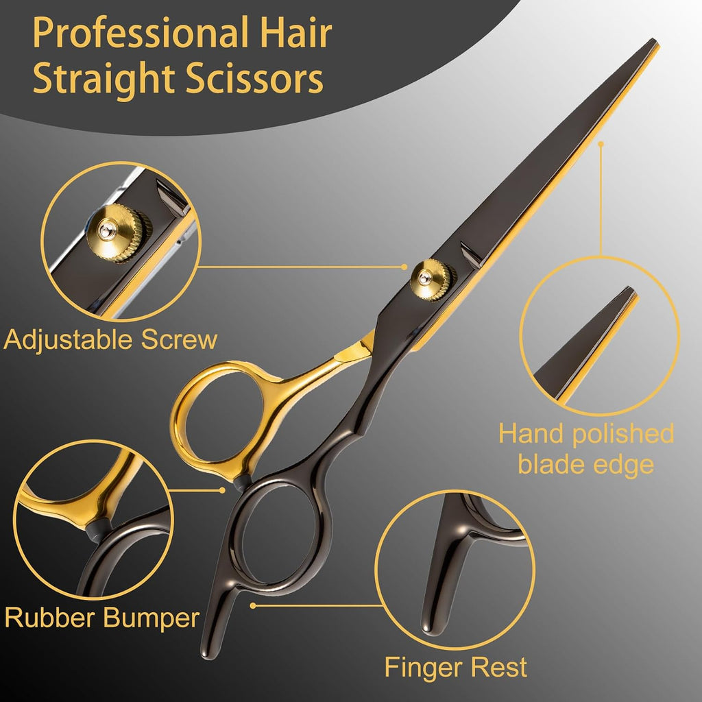 15 pcs Hair Cutting Scissors Professional, Thinning Shears for Hair Cutting, Black Gold Stainless Steel Barber Scissors,