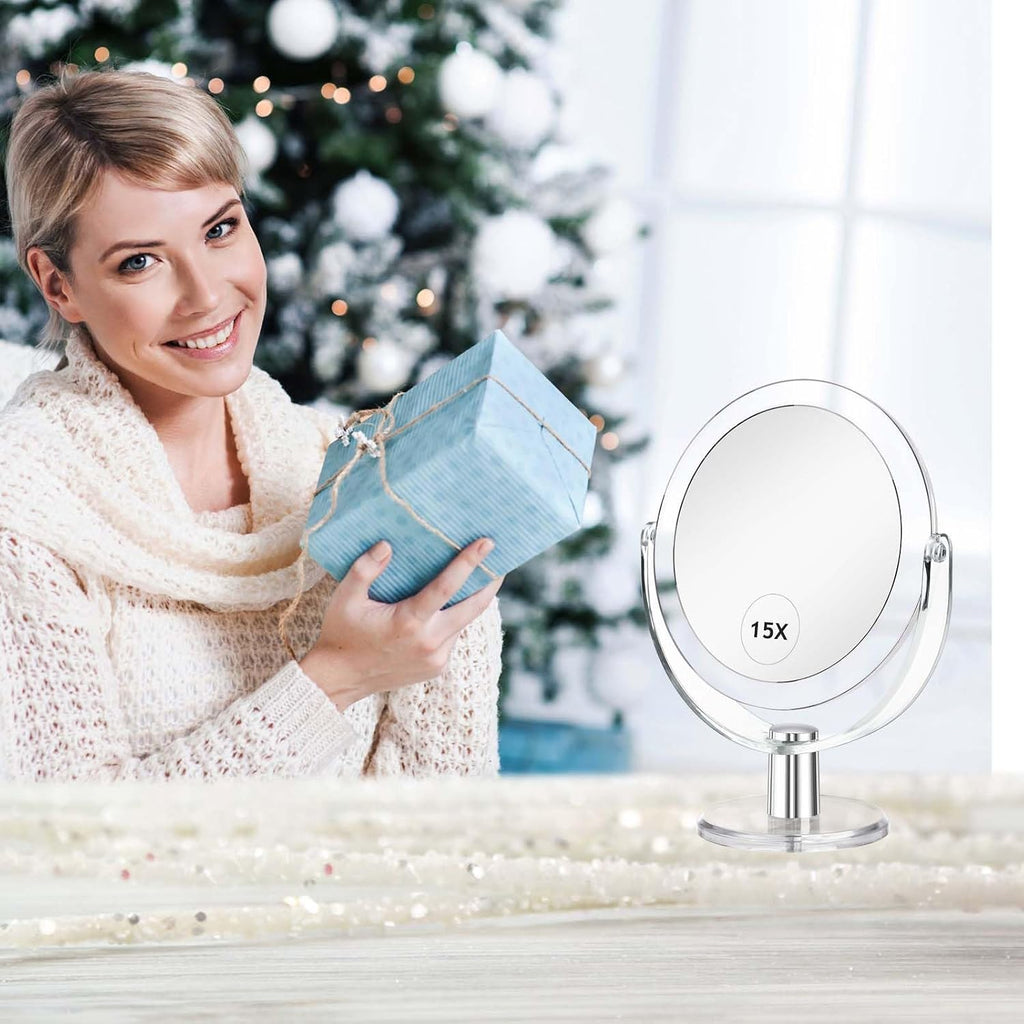 CLSEVXY Vanity Makeup Mirror with Stand, 1X/15X Magnification Double Sided 360 Degree Swivel, Portable Table Desk Counte