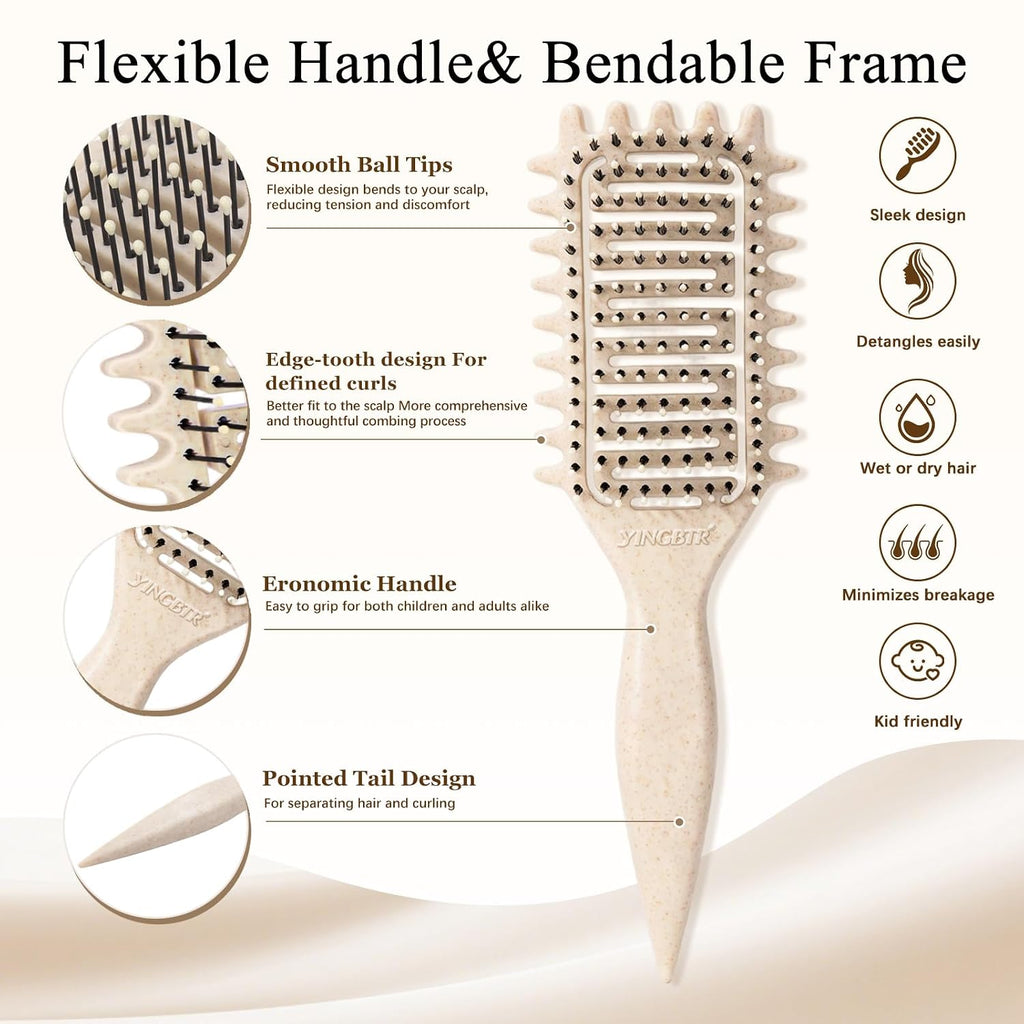 Curl Defining Brush for Curly Hair, Vented Detangling Hair Brush for Wet and Dry Styling, Curved Brush for Shaping and S