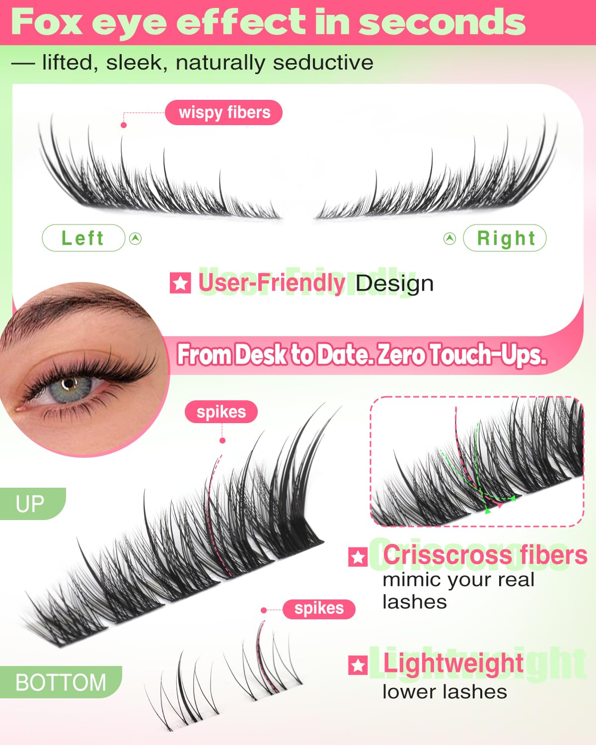 Focipeysa Wispy Lash Clusters Spiky Eyelash Clusters 10-18mm Eyelash Extensions Fox Eye Eyelash Right Left Individual La