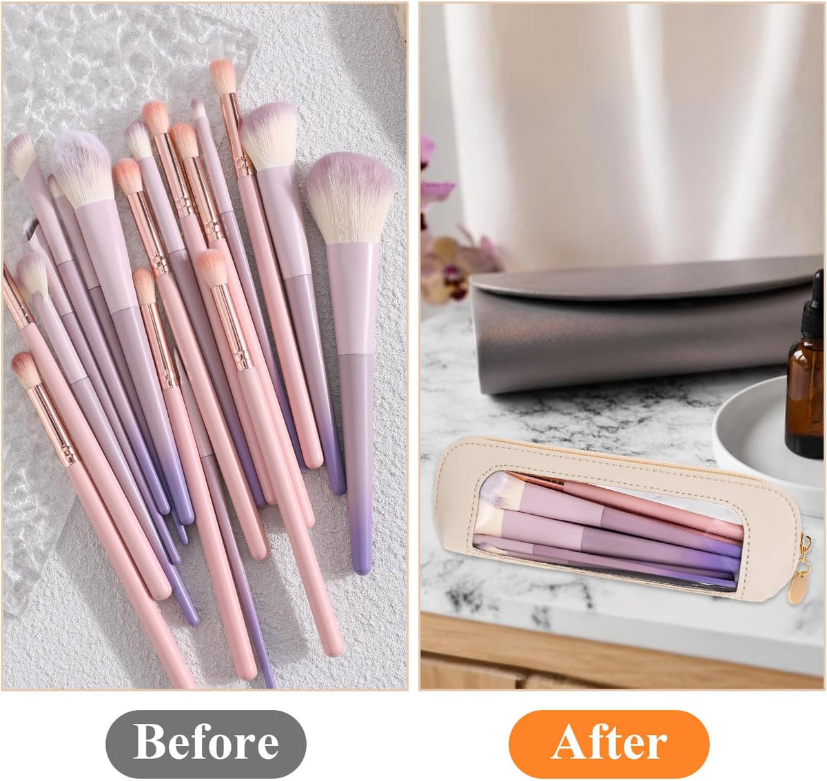 Psyqtsuary Small Clear Makeup Bag, PU Leather Travel Makeup Brush Case Portable Transparent Waterproof Cosmetic Organize