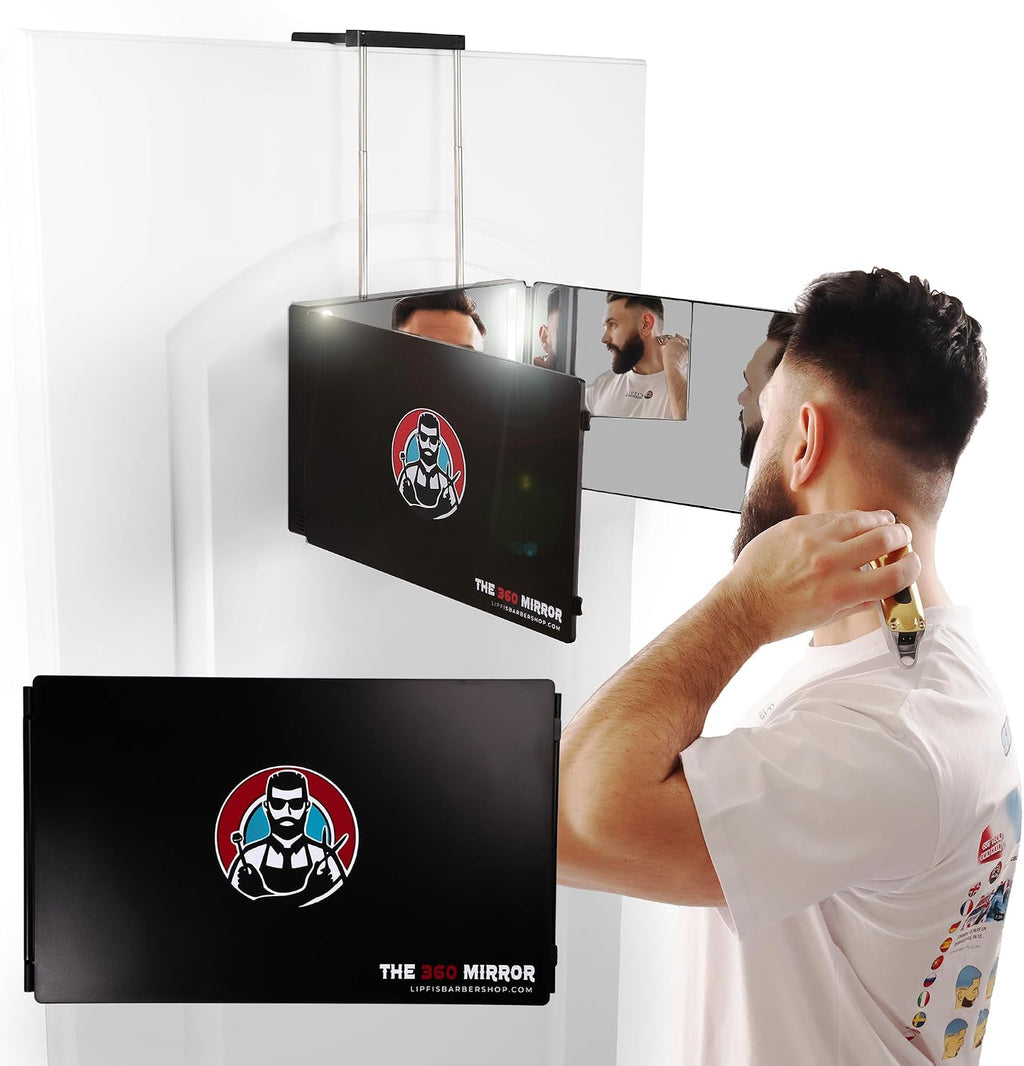 360 Mirror LED Lights Barber 3 Way Hanging Mirror Self Hair Cutting System