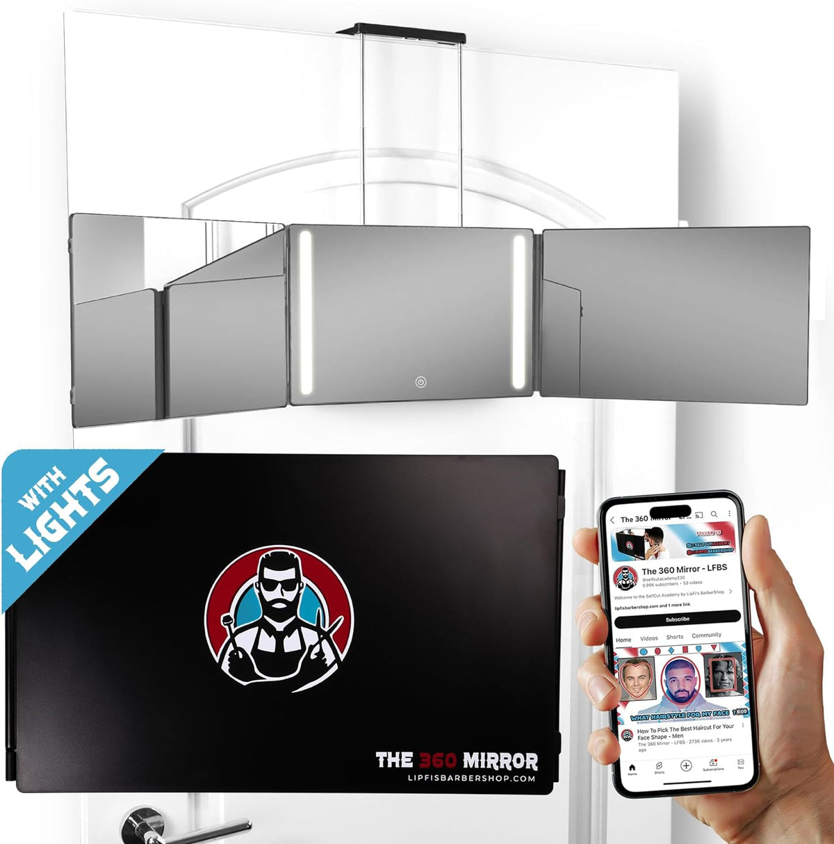 360 Mirror LED Lights Barber 3 Way Hanging Mirror Self Hair Cutting System
