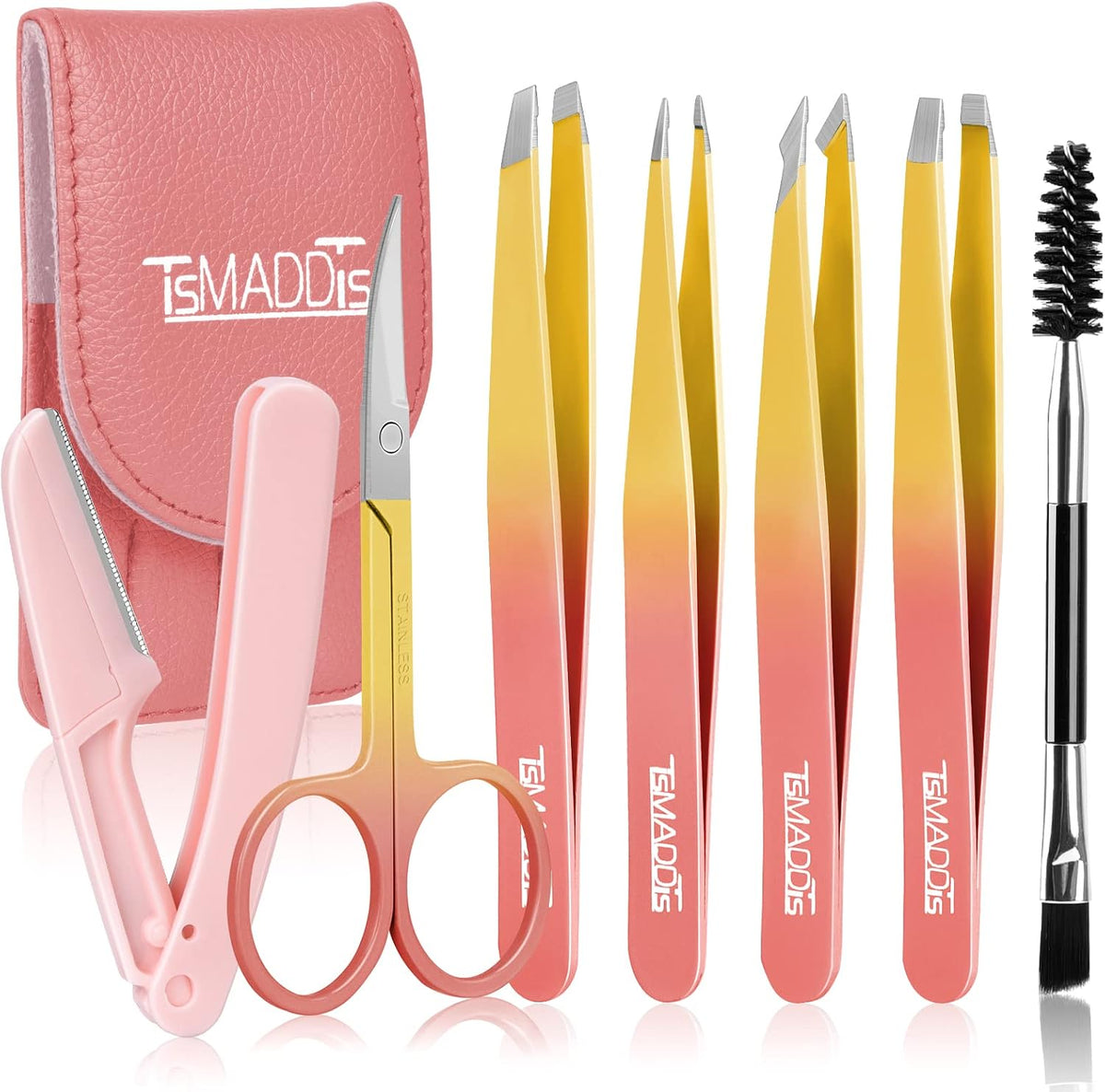 7 pcs Tweezers for Women Facial Hair, Precision Tweezer Set for Eyebrows with Curved Scissor and Eyebrow Razor for Ingro