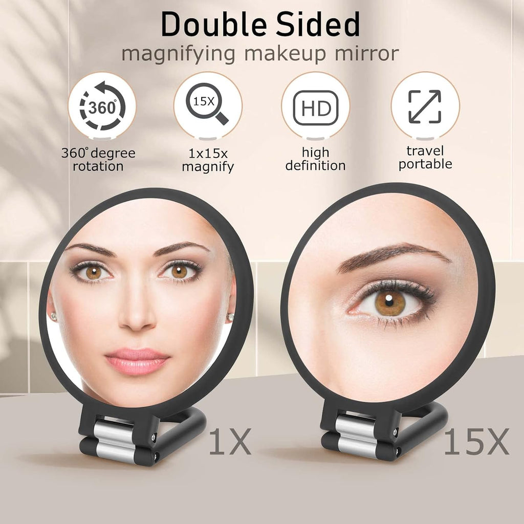 CLSEVXY Magnifying Handheld Mirror Double Sided, 1X 15X Magnification Hand Mirrors, Travel Folding Hand Held Mirror, 360