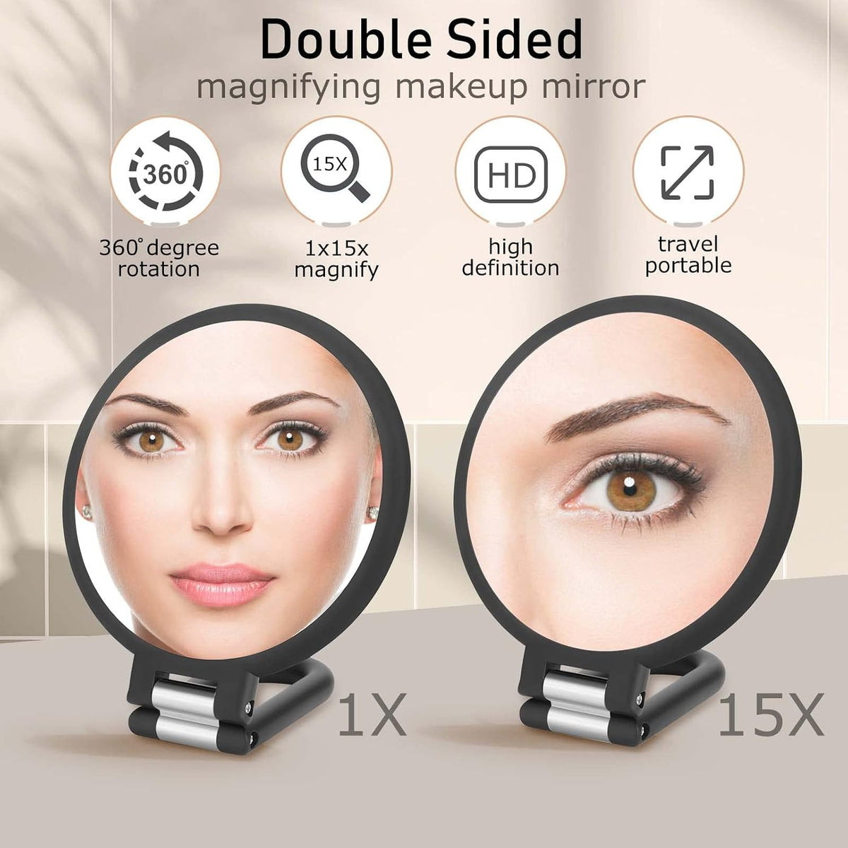 CLSEVXY Magnifying Handheld Mirror Double Sided, 1X 15X Magnification Hand Mirrors, Travel Folding Hand Held Mirror, 360