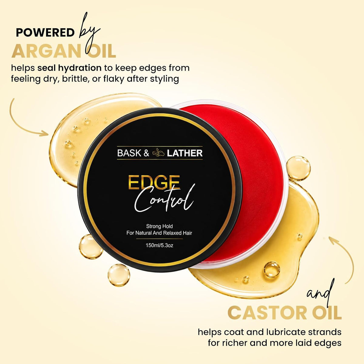 BASK & LATHER Strong Hold Edge Control Gel with Castor Oil, Non-Greasy, Non-Flaking, No White Cast, Long Lasting, Suppor