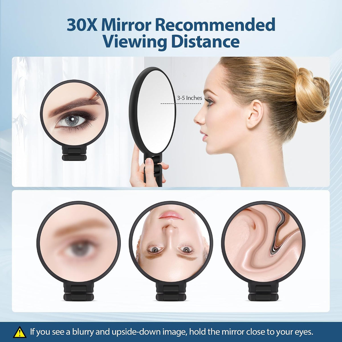 30X Magnifying Mirror, Hand Mirror with Handle, Double Sided Hand Mirror with 30X/1X Magnification, Travel Essential Por
