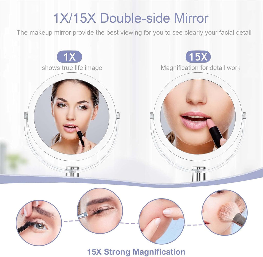 CLSEVXY Vanity Makeup Mirror with Stand, 1X/15X Magnification Double Sided 360 Degree Swivel, Portable Table Desk Counte