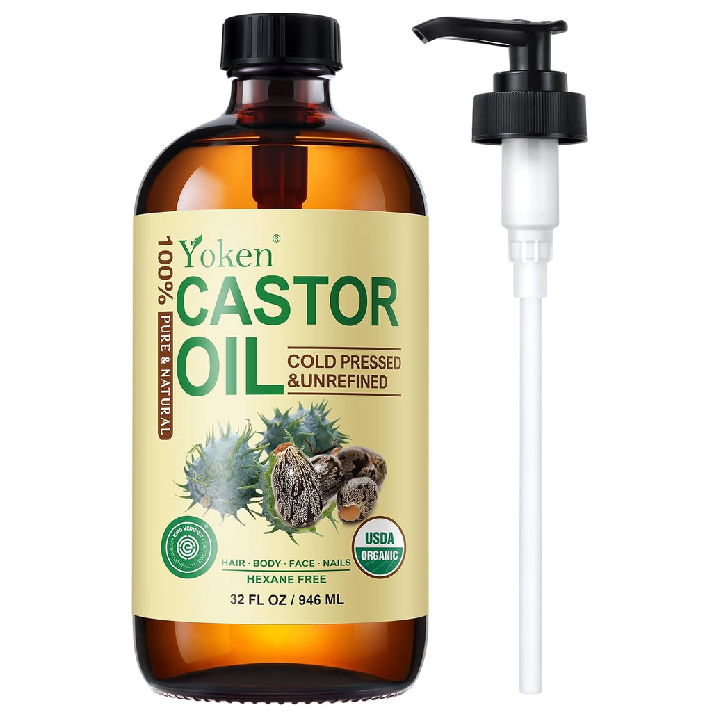 Yoken USDA Organic Castor Oil 16oz Cold Pressed Hexane Free for Hair Skin