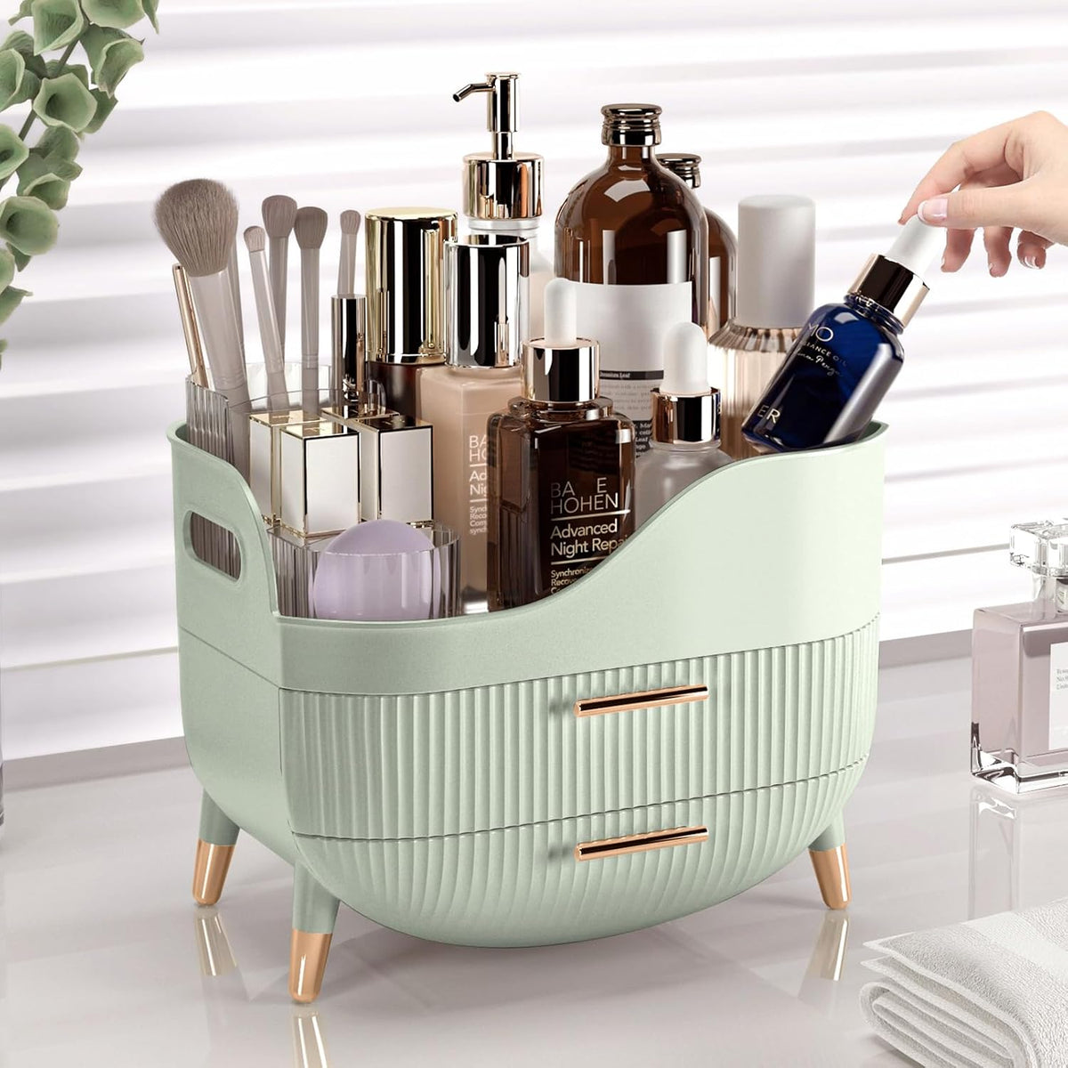 Pajiriona Makeup Organizer with Drawers, Green Skincare Organizer for Vanity, Storage Box with Handle, Large Cosmetic Di