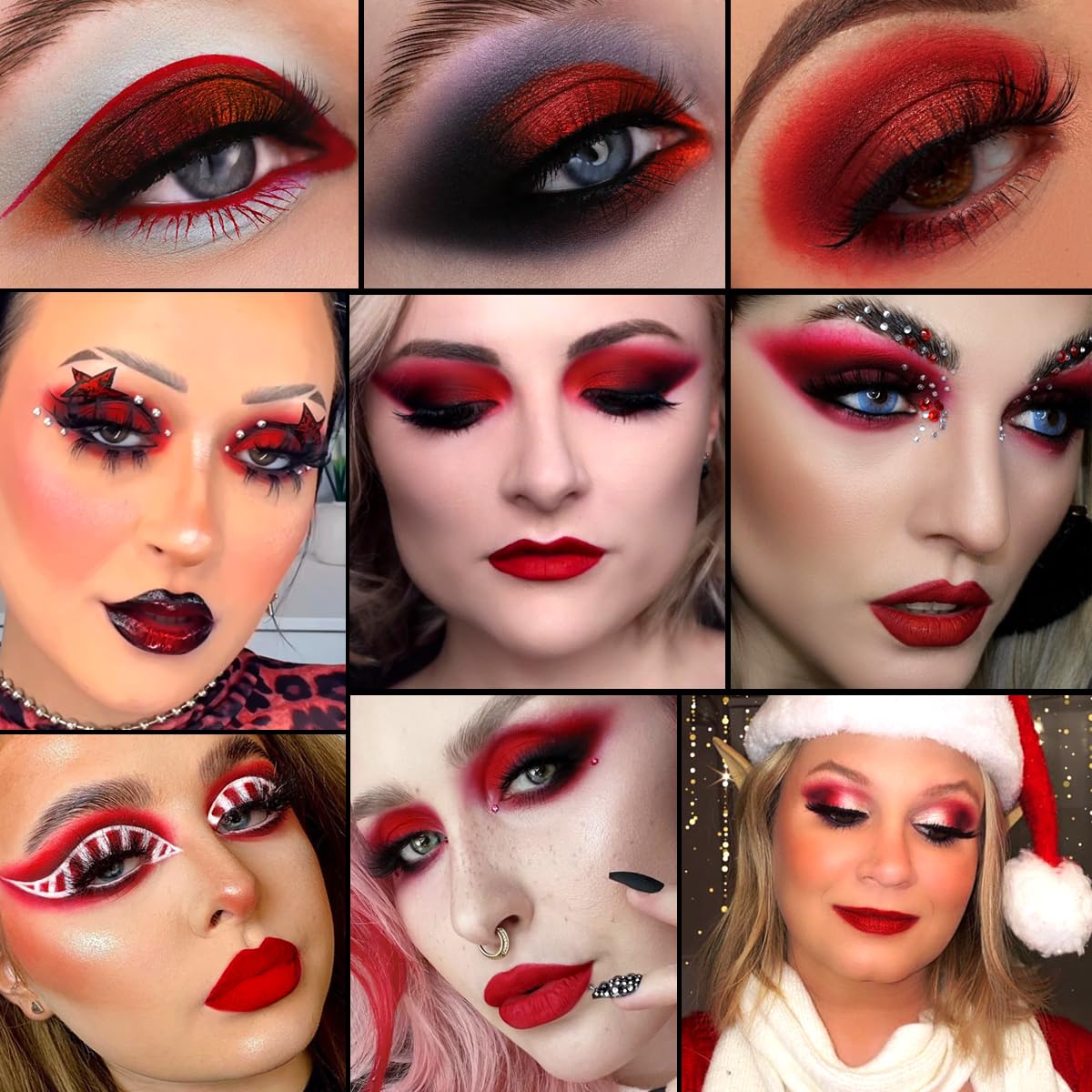 Red Goth Eyeshadow Palette - 9 Colors True Hot Red Black Eye Shadows | Halloween Glitters Makeup | Matte Shimmer High Pi