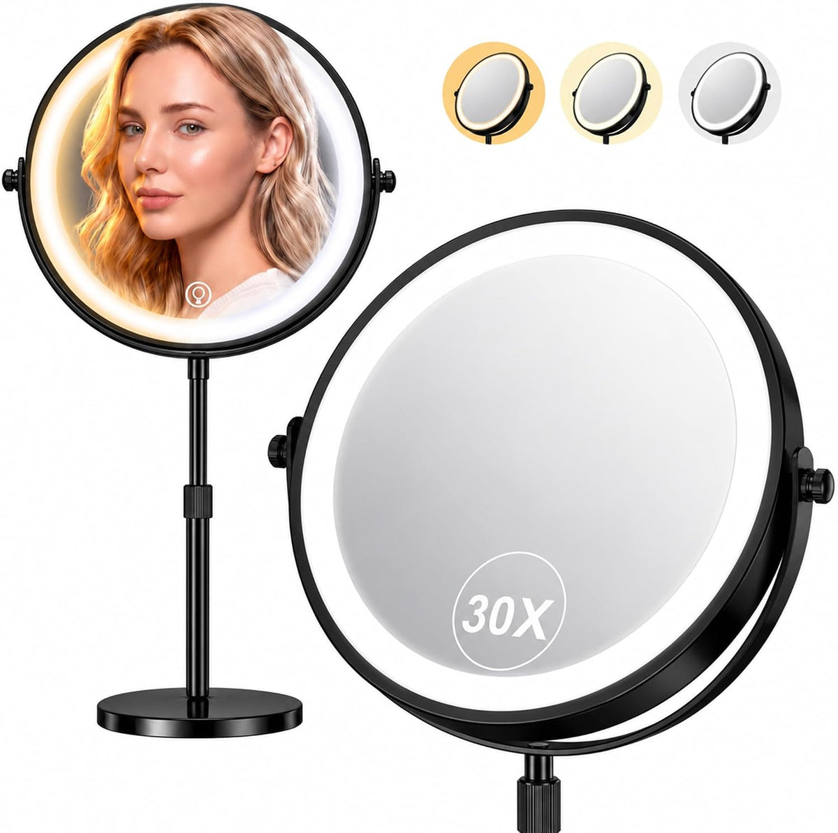 Dienmern 1X/30X Makeup Mirror with Lights, 9" Magnifying Vanity Mirror