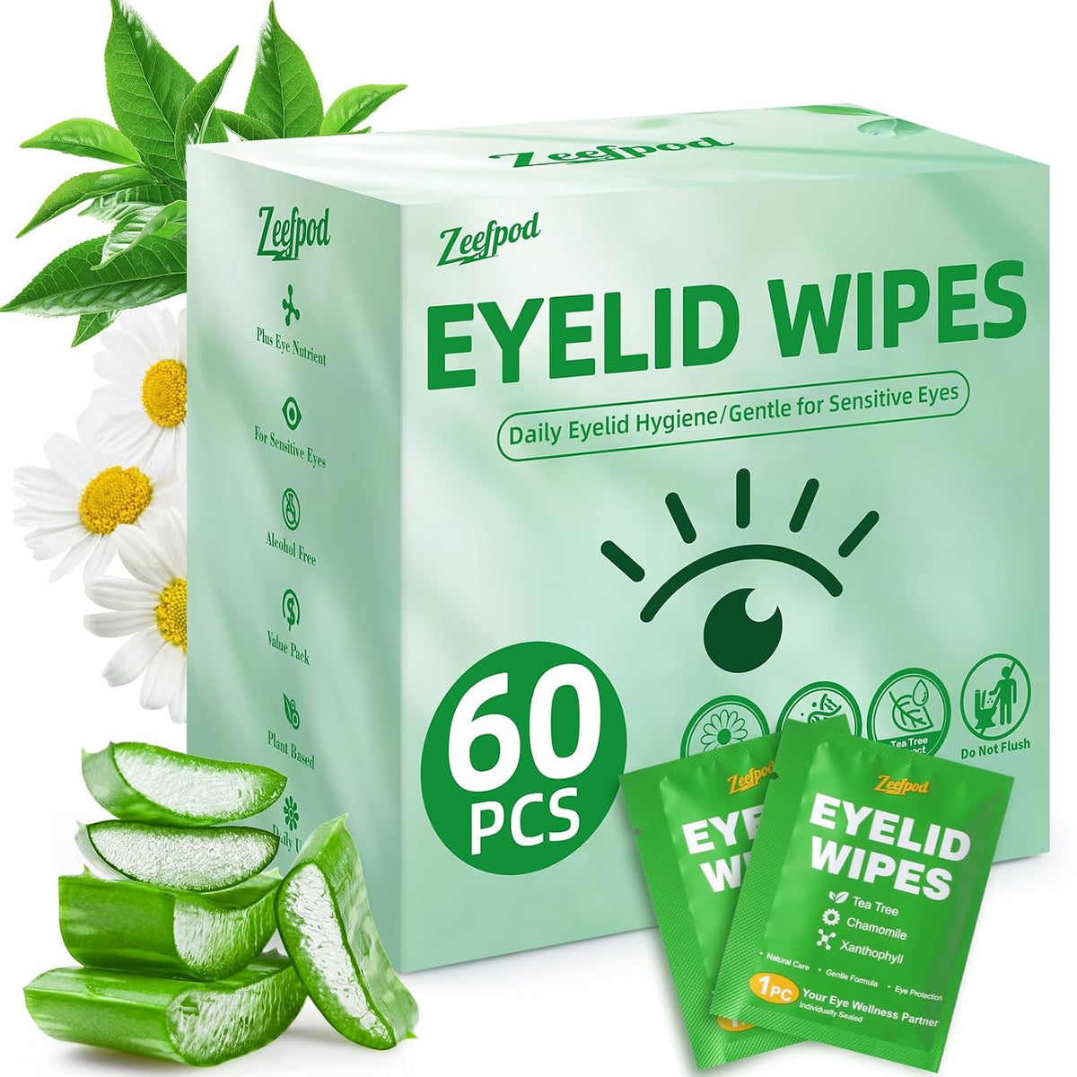 60PCS Tea Tree Oil Eyelid Wipes – Individually Wrapped Eye Lid Cleaning Wipes，Soothing For Sensitive Eyes, Stay Hydrated