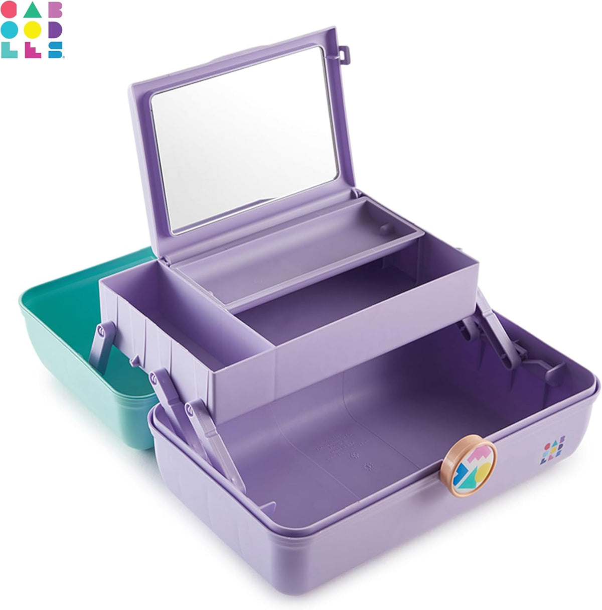 Caboodles On-The-Go Girl Makeup Box, Seafoam on Lavender, Hard Plastic Makeup Organizer Box, Built-In Mirror, Secure Lat
