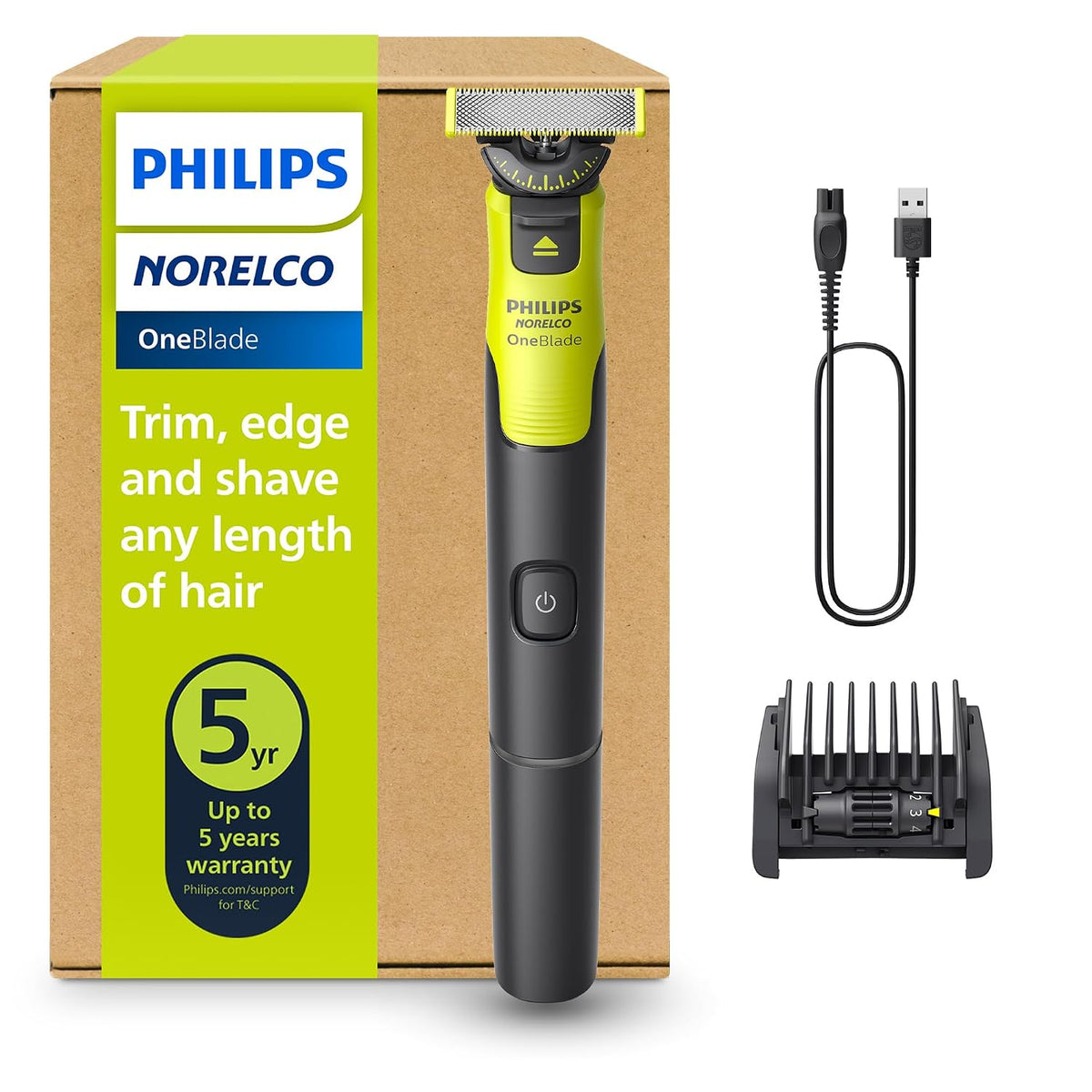 Philips Norelco OneBlade 360 Hybrid Face Trimmer and Shaver, 5 Length Comb
