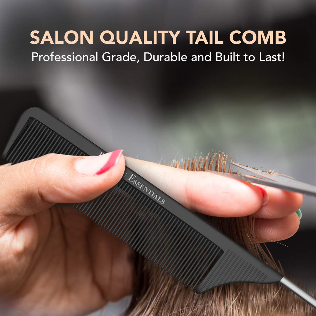 Professional 8.8 Inch Tail Comb - Black Carbon Fiber And Stainless Steel Pintail - Anti Static And Heat Resistant Teasin
