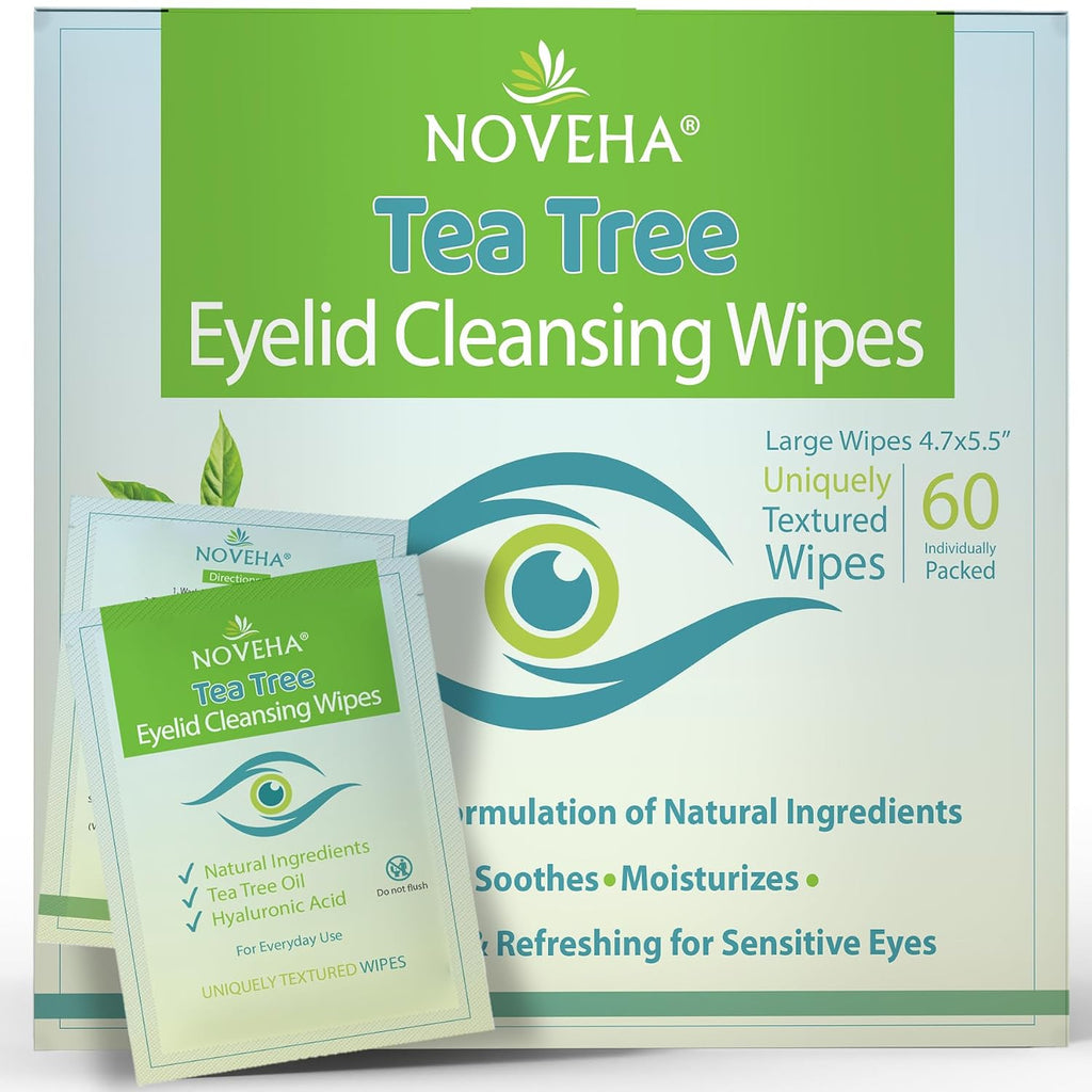 NOVEHA 60PCs Tea Tree Oil Eyelid & Lash Wipes | With Hyaluronic Acid, Green Tea & Chamomile, Individually Wrapped, Natur