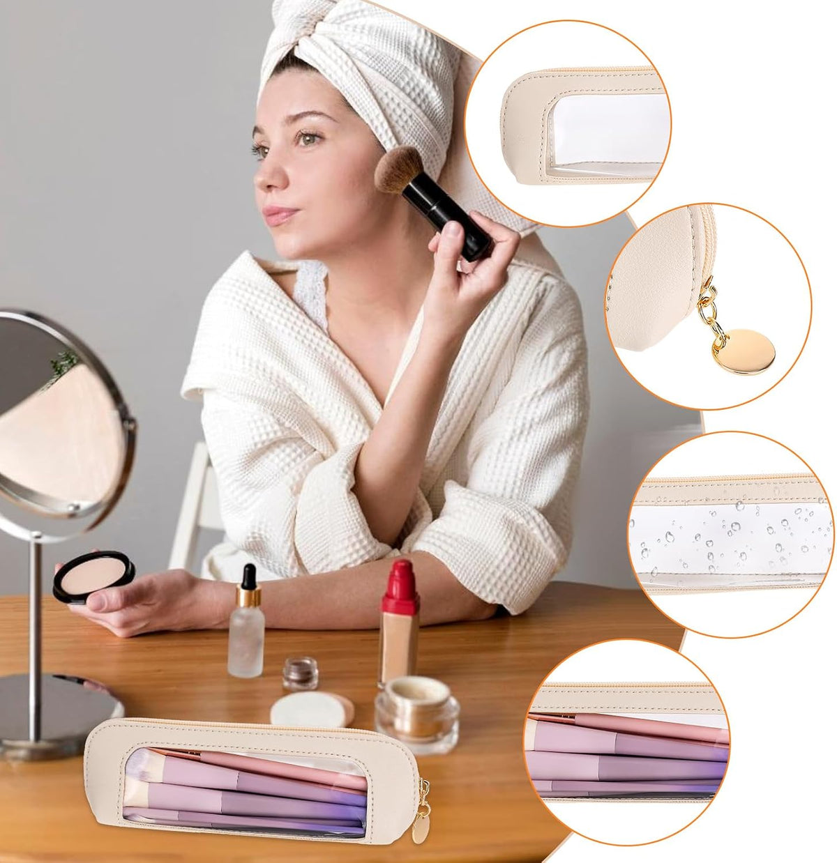 Psyqtsuary Small Clear Makeup Bag, PU Leather Travel Makeup Brush Case Portable Transparent Waterproof Cosmetic Organize