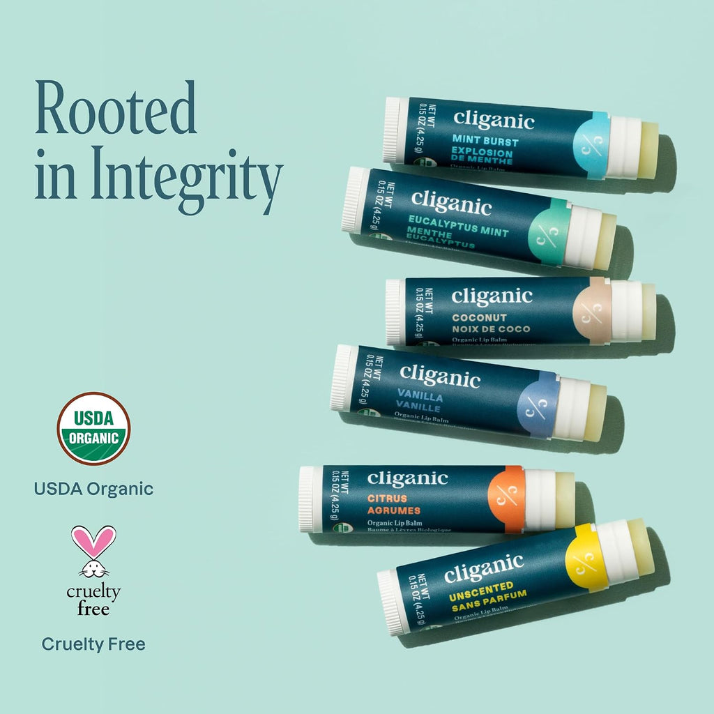 Cliganic Organic Lip Balm Set, 6 Flavors, 100% Natural for Dry Cracked Lips