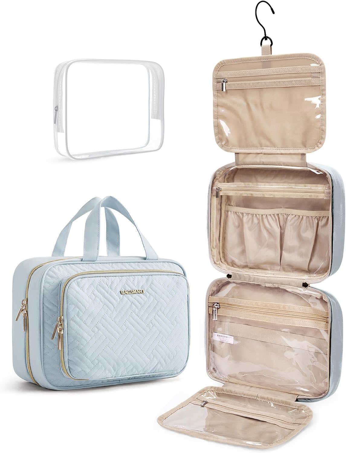 BAGSMART Toiletry Bag Hanging Travel Makeup Organizer with TSA Approved Transparent Cosmetic Bag Makeup Bag for Full Siz