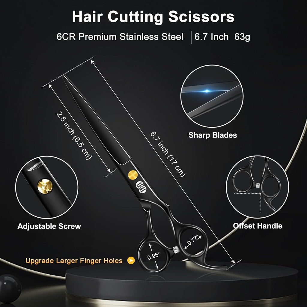 Hair Cutting Scissors Shears Kit, 6.7″ Barber Scissors Set (Black)