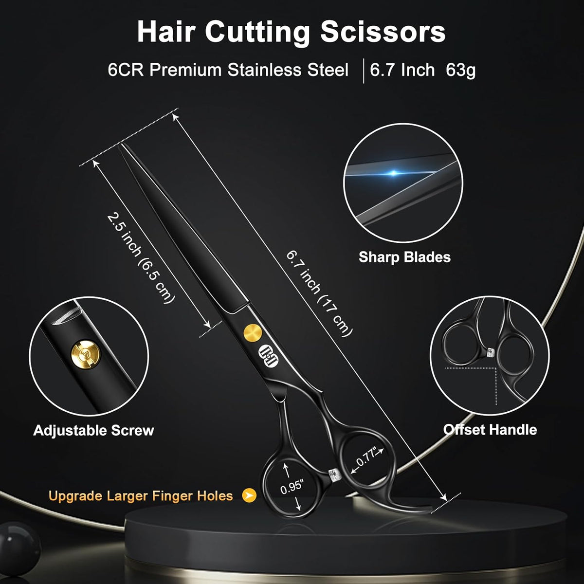 Hair Cutting Scissors Shears Kit, 6.7″ Barber Scissors Set (Black)