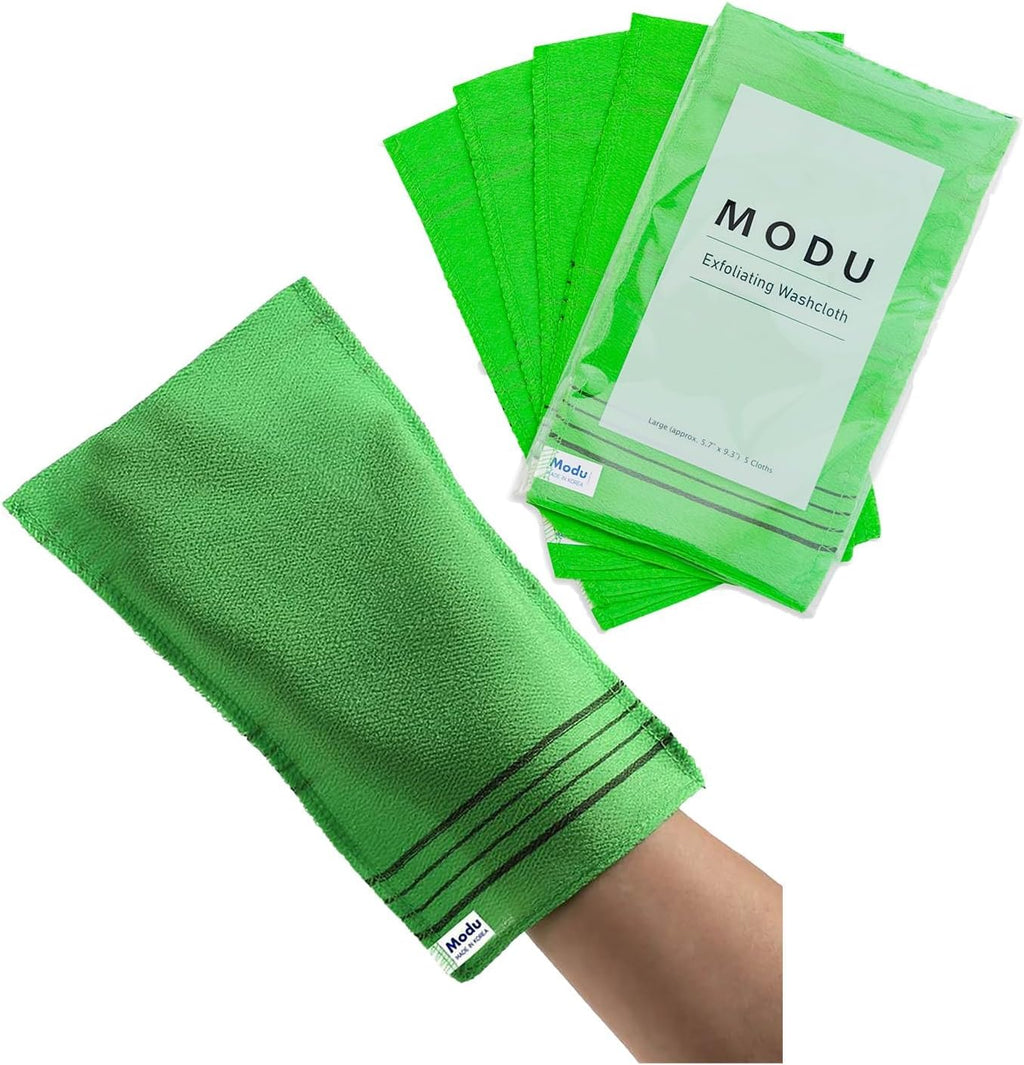 Modu Korean Exfoliating Mitts Large 4PCS (Green, Yellow, Sky Blue, Pink) – Exfoliating Gloves Body Scrubber Italy Towel 