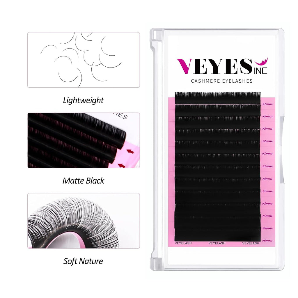 VEYES INC Cashmere Volume Lash Extensions C CC D DD LD L B J M Curl 0.03-0.20 thickness 5-25mm, Super Matte Black Indivi