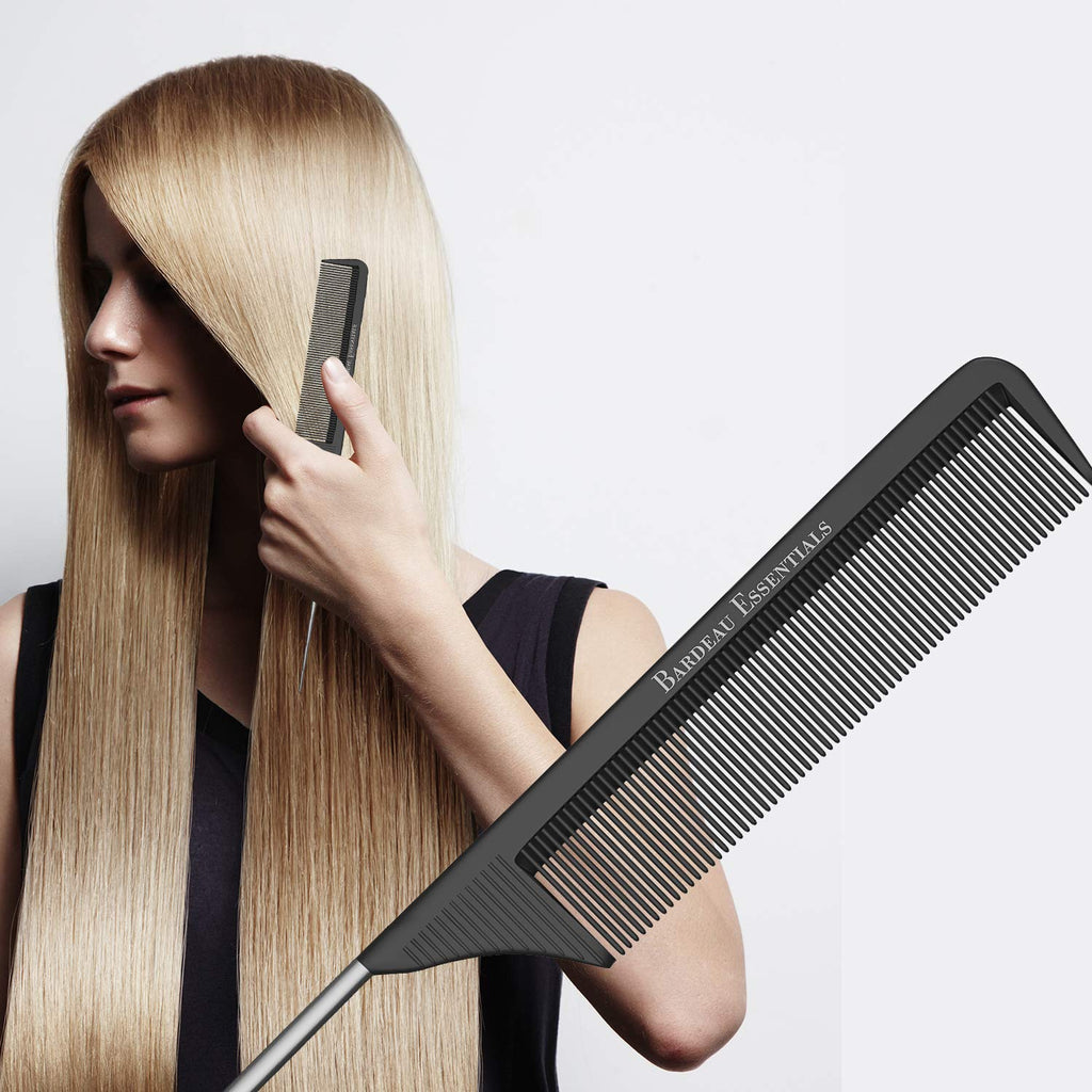 Professional 8.8 Inch Tail Comb - Black Carbon Fiber And Stainless Steel Pintail - Anti Static And Heat Resistant Teasin