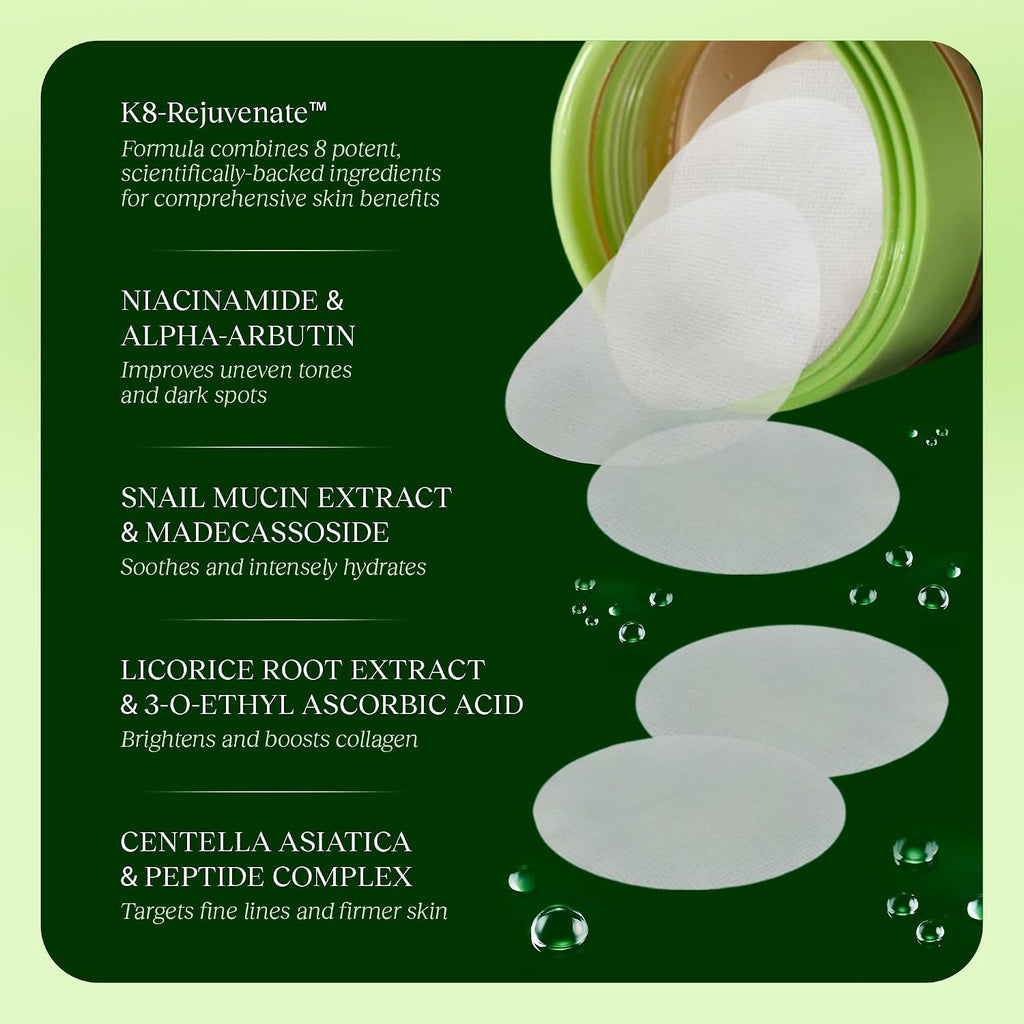 JIYU Toner Pads - Korean Skincare for Dark Spots, Wrinkles & Dull Skin - Hydrating Facial Treatment with Snail Mucin, Ni
