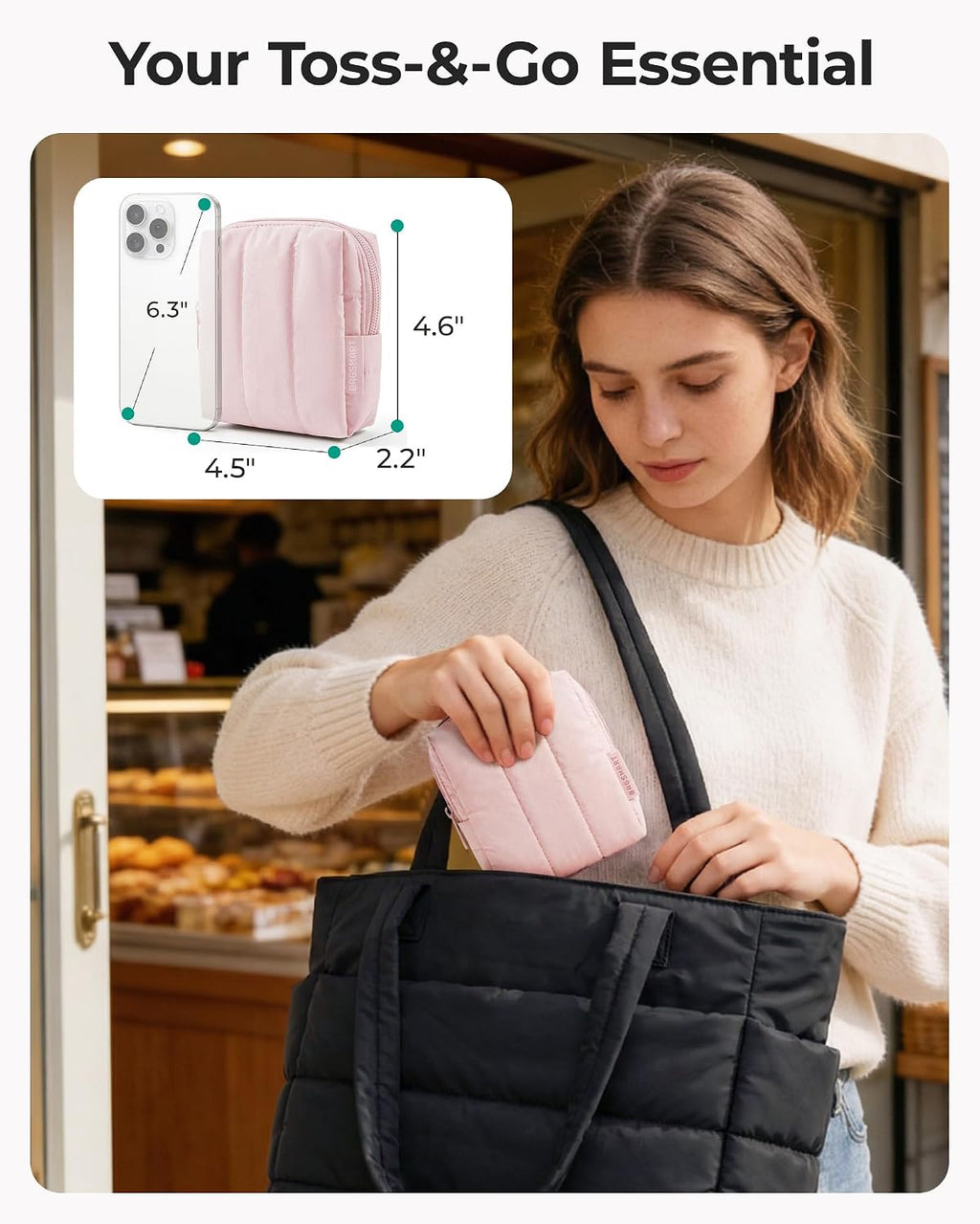 BAGSMART Small Makeup Bag for Women with Slip-in Pocket, Baby Pink