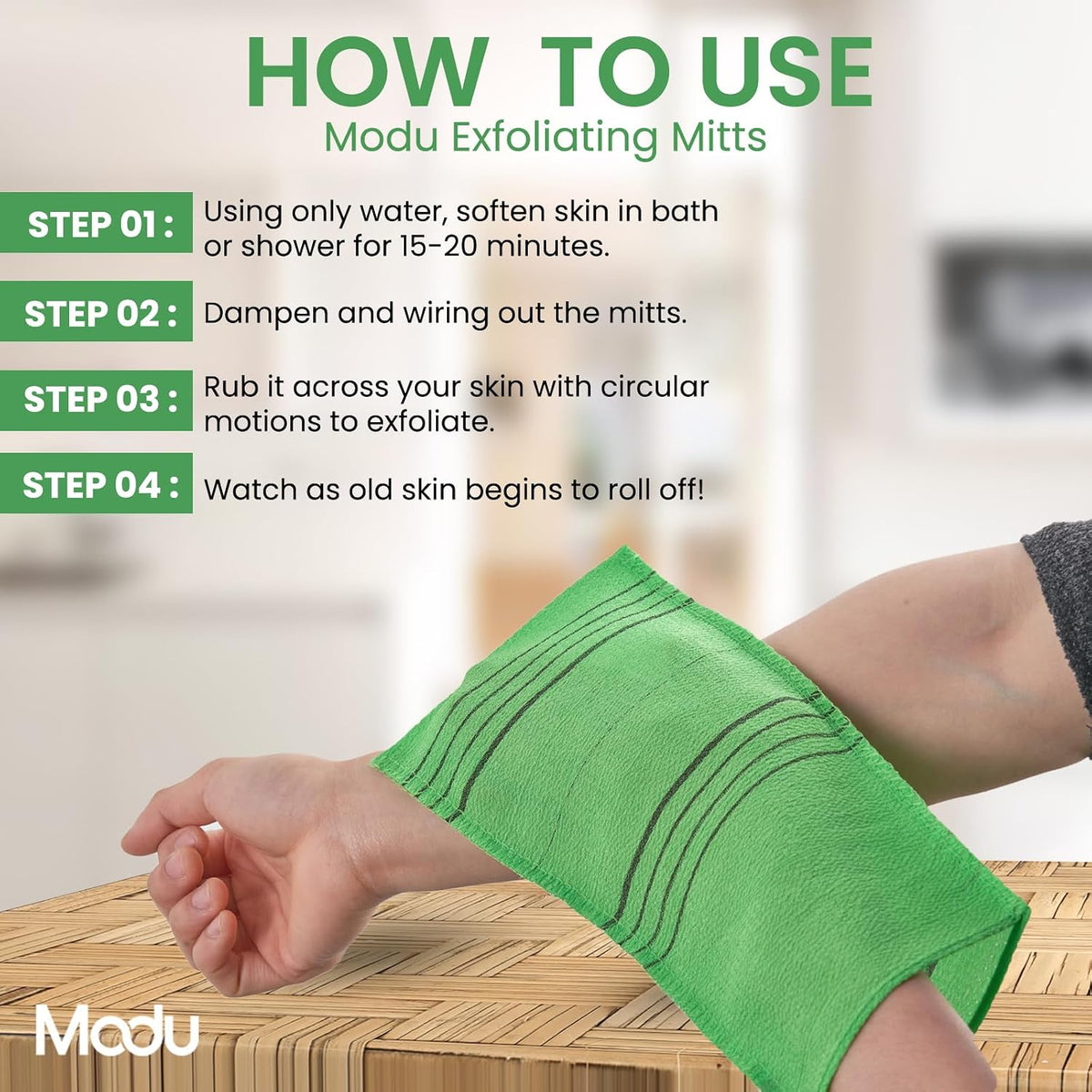 Modu Korean Exfoliating Mitts Large 4PCS (Green, Yellow, Sky Blue, Pink) – Exfoliating Gloves Body Scrubber Italy Towel 