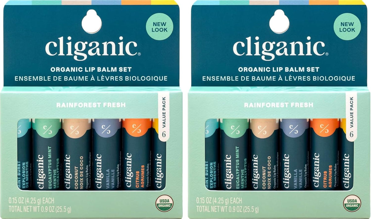 Cliganic Organic Lip Balm Set, 6 Flavors, 100% Natural for Dry Cracked Lips