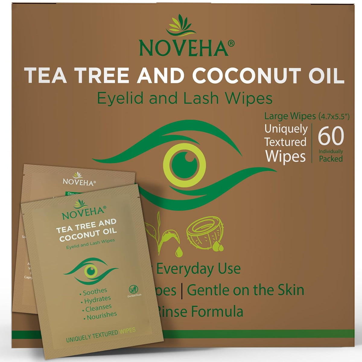 NOVEHA 60PCs Tea Tree & Coconut Oil Eyelid & Lash Wipes - For Demodex, Blepharitis & Itchy Eyes, Individually Wrapped Ey